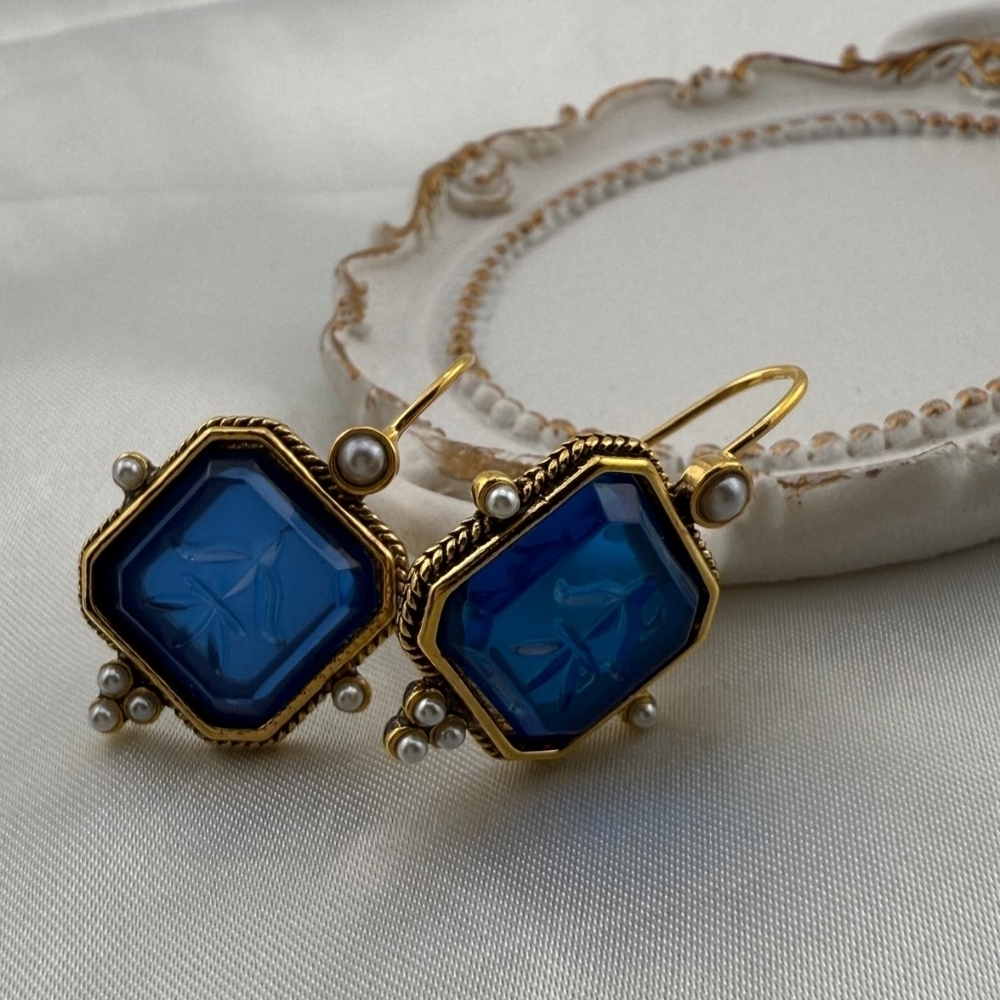Vintage Elegant Gold and Blue Earrings With Pearl Accents